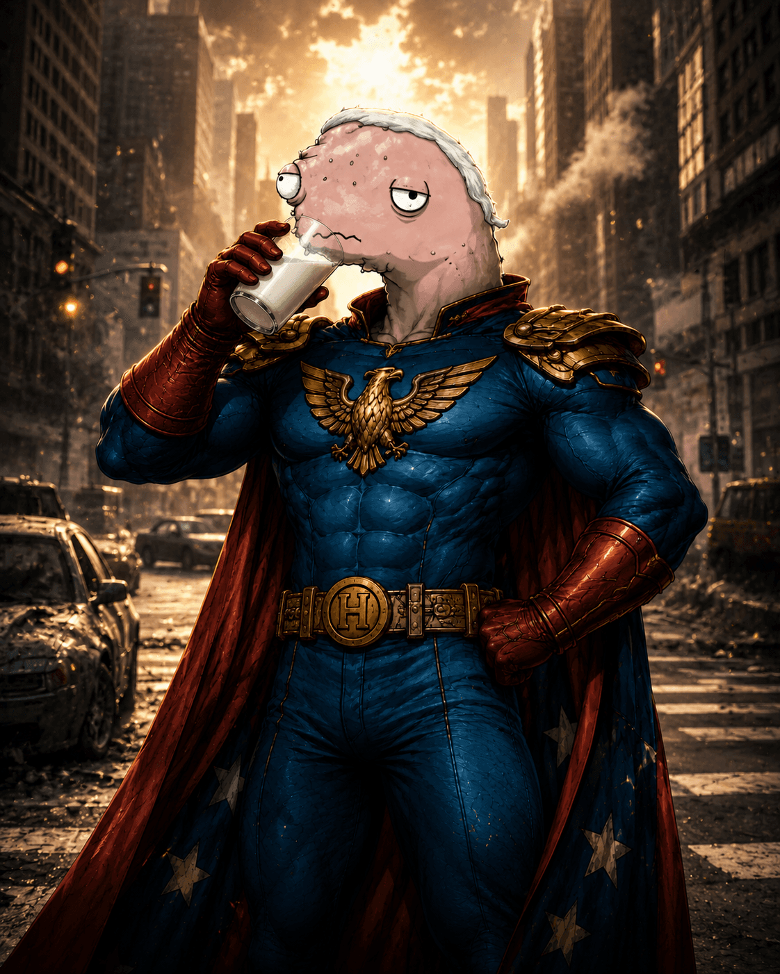 Humlunder drinking milk in original THE BUYS parody art