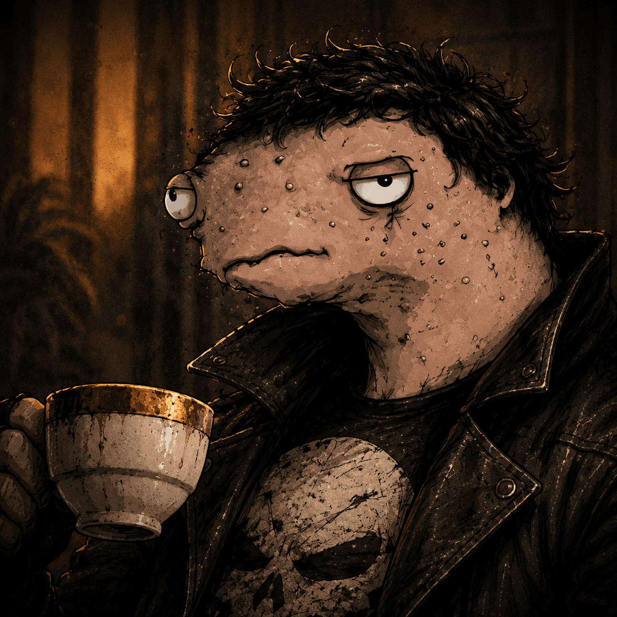 Wuluem Batcher holding a cup in original THE BUYS parody art