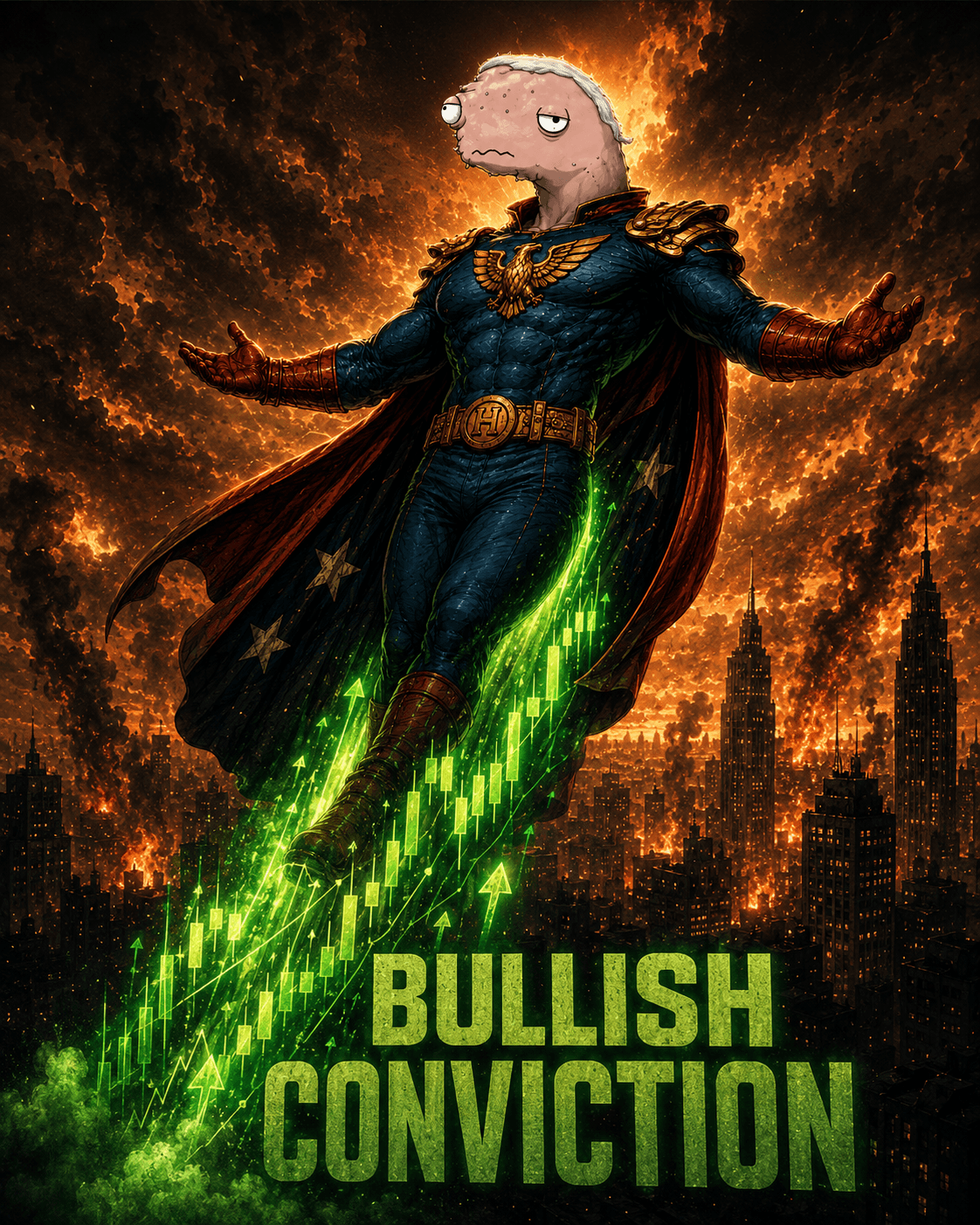 Humlunder flying above a burning city with green chart graphics in original THE BUYS parody art