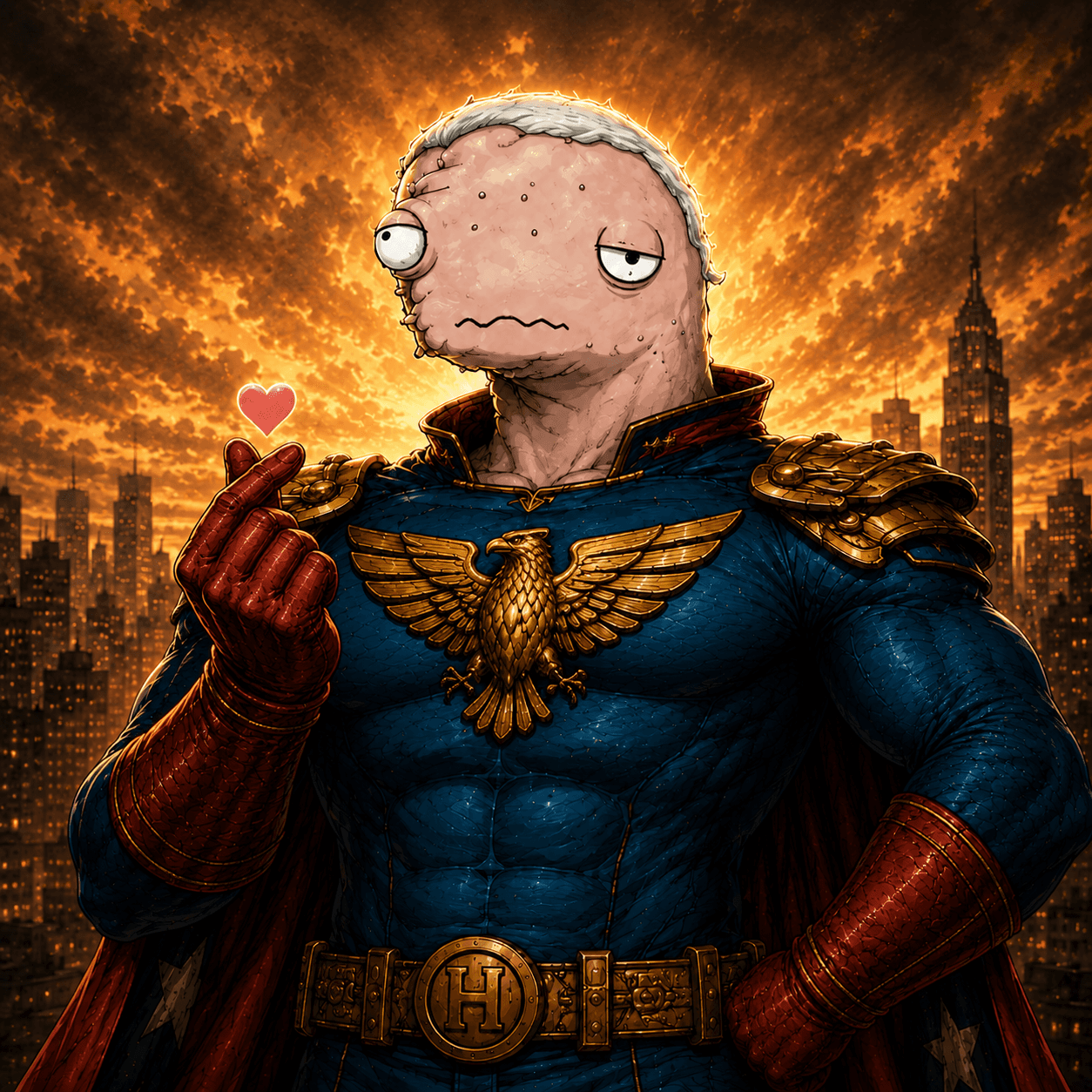 Humlunder making a small heart gesture in original THE BUYS parody art