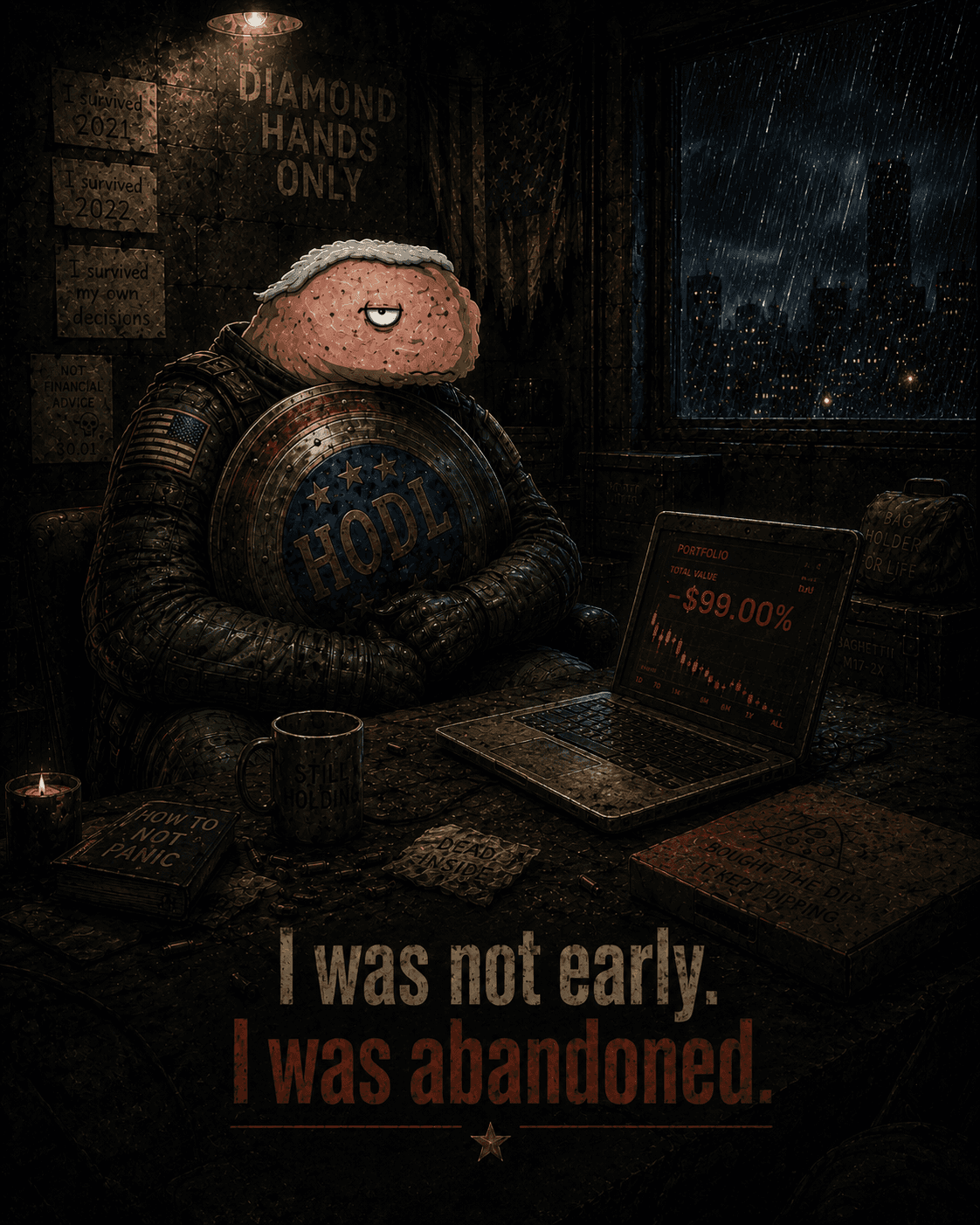 Holder Boy abandoned in a dark room with a laptop in original THE BUYS parody art