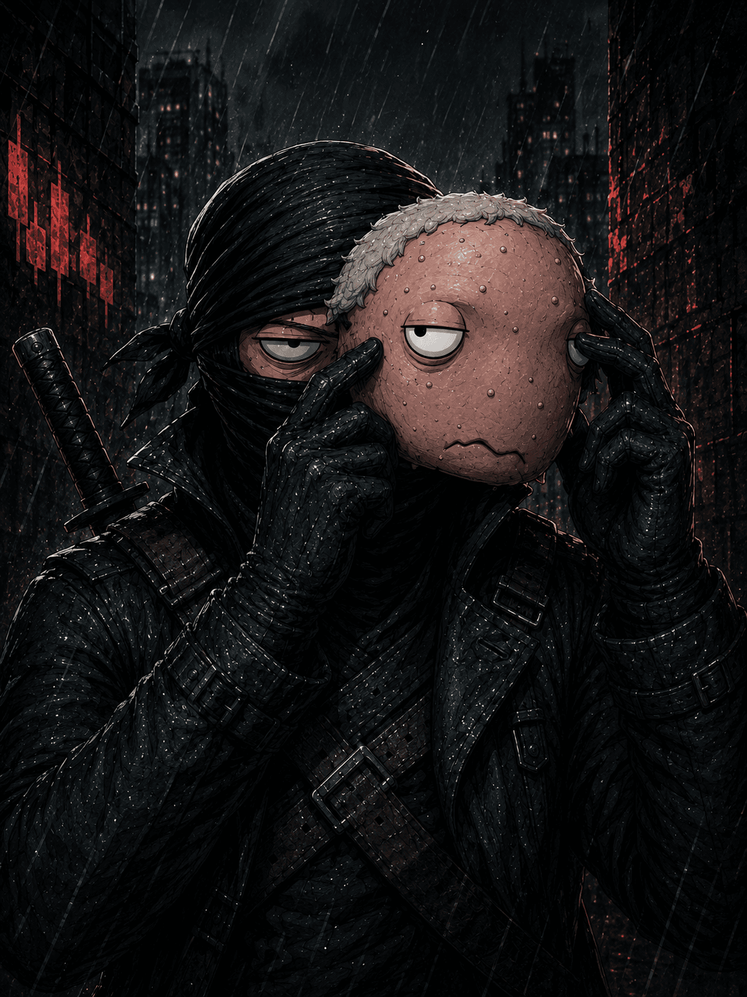 Bag Noir holding a Humlunder mask in original THE BUYS parody art