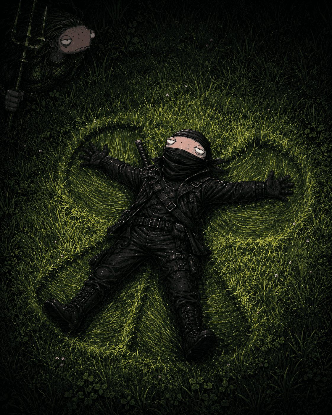 Bag Noir lying in grass while The Dip watches in original THE BUYS parody art