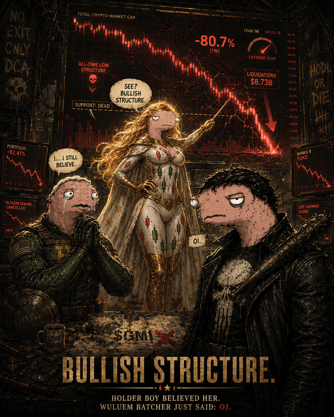 Chartlight presenting a collapsing market chart in original THE BUYS parody art