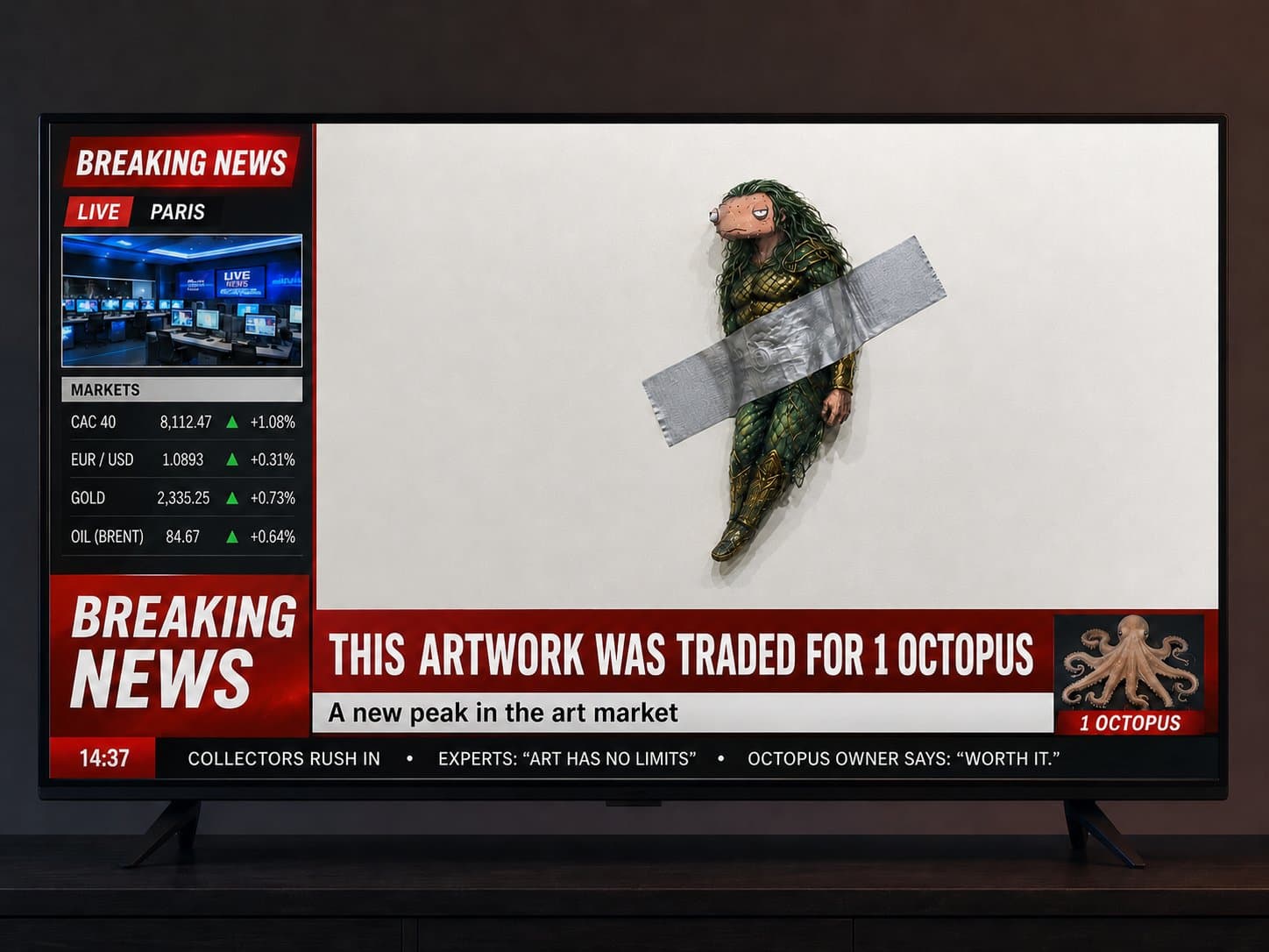 Breaking news parody about The Dip artwork traded for an octopus in original THE BUYS meme art
