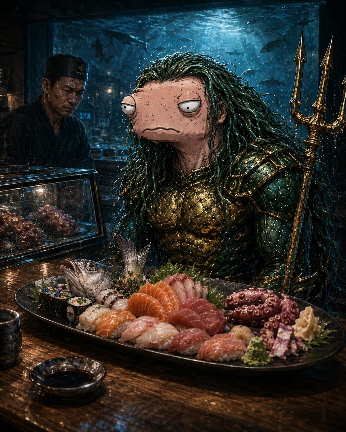 The Dip at a sushi counter in original THE BUYS parody art