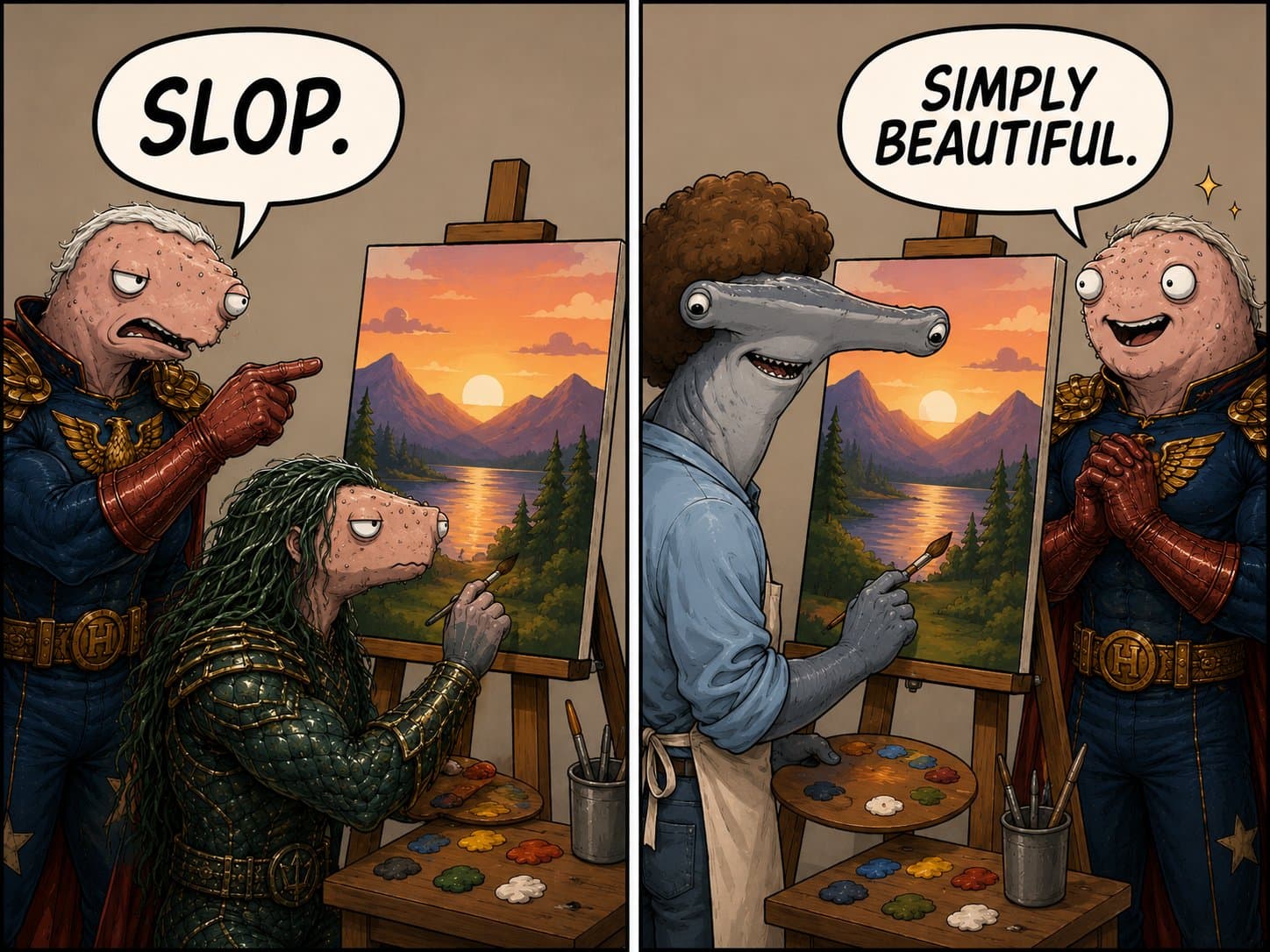 Humlunder and The Dip painting comparison comic in original THE BUYS parody art