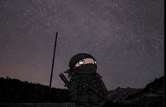 Bag Noir standing under the night sky in original THE BUYS parody art