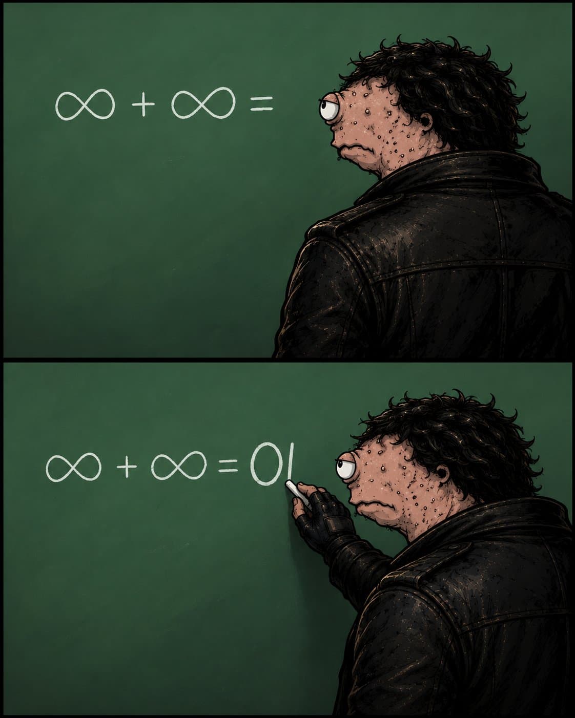 Wuluem Batcher solving impossible market math on a chalkboard in original THE BUYS parody art