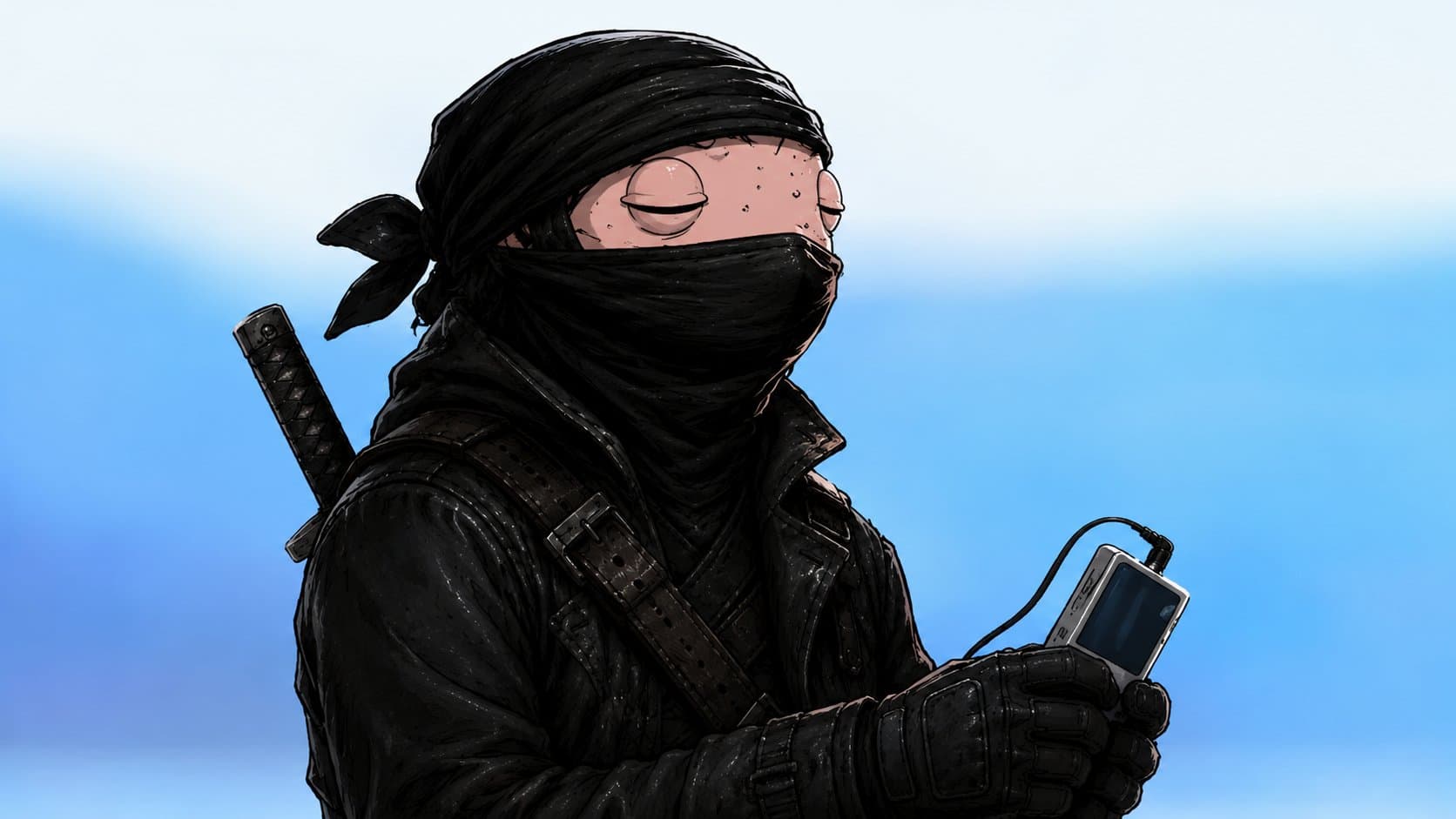 Bag Noir listening with a small device in original THE BUYS parody art