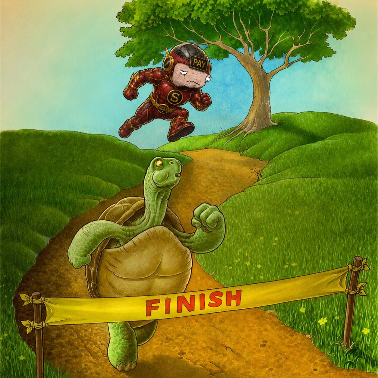 Pay-Train racing toward a finish line in original THE BUYS parody art