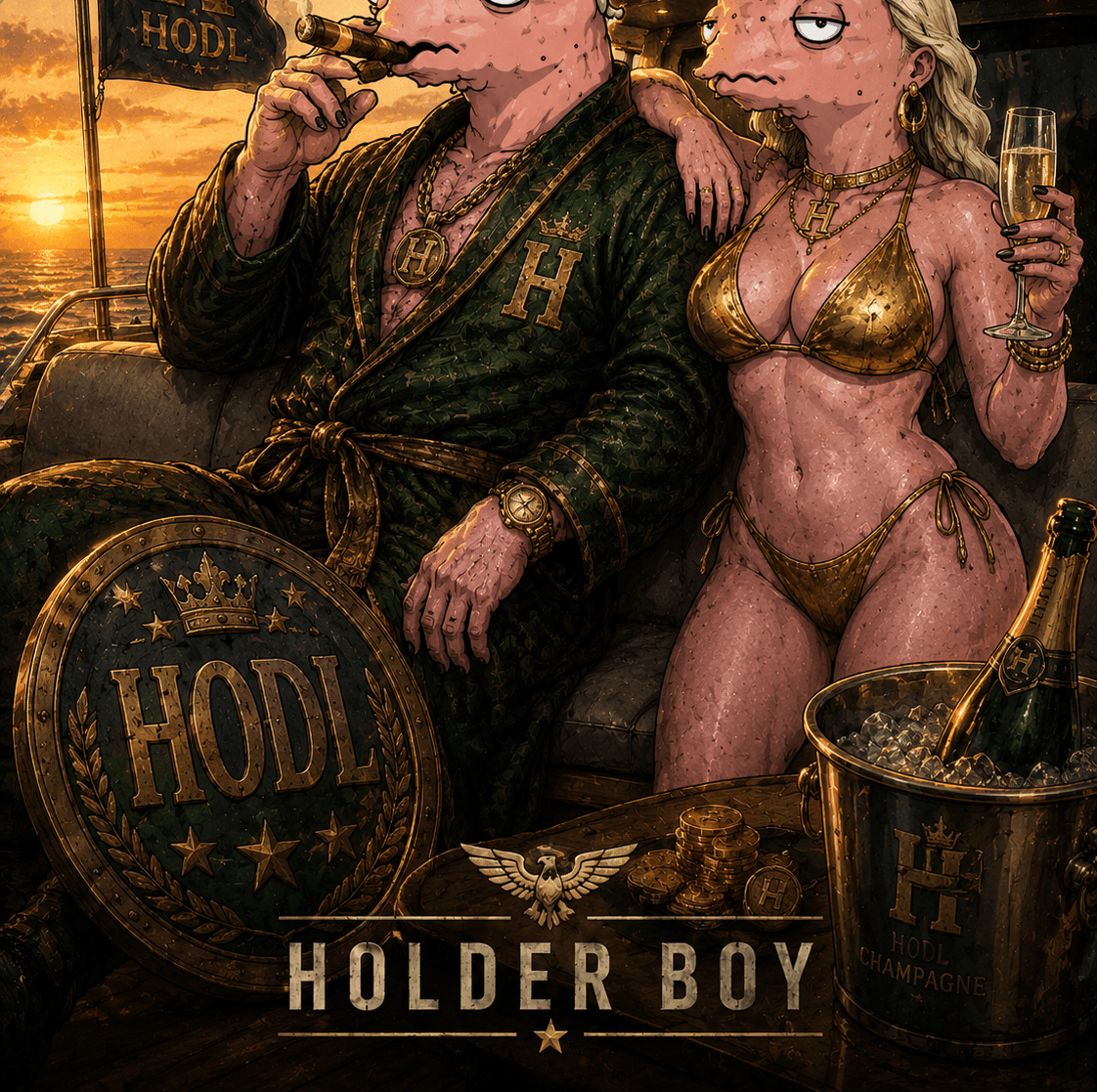 Holder Boy yacht scene in original THE BUYS parody art