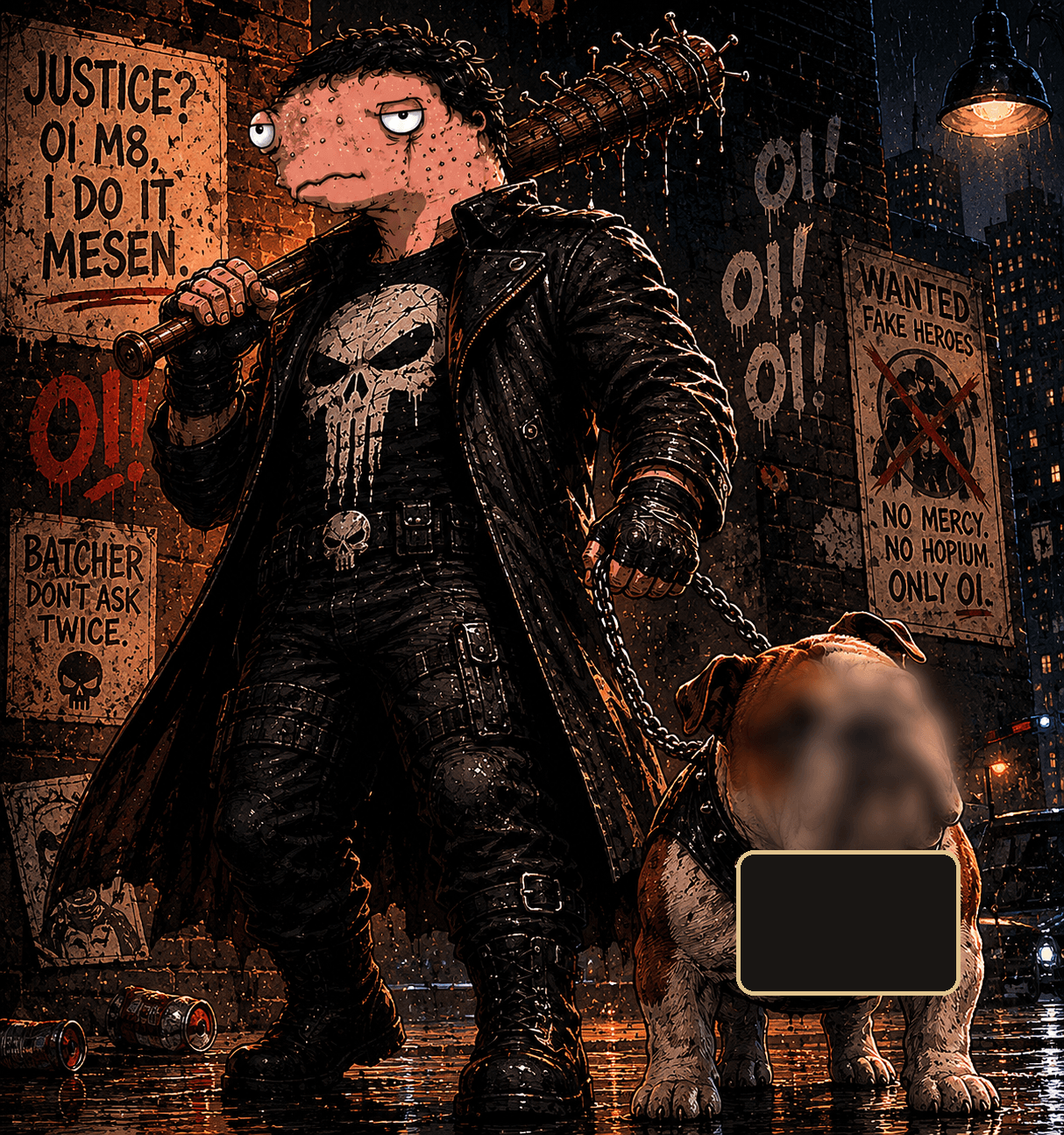 Wuluem Batcher on a rainy street with a dog in original THE BUYS parody art